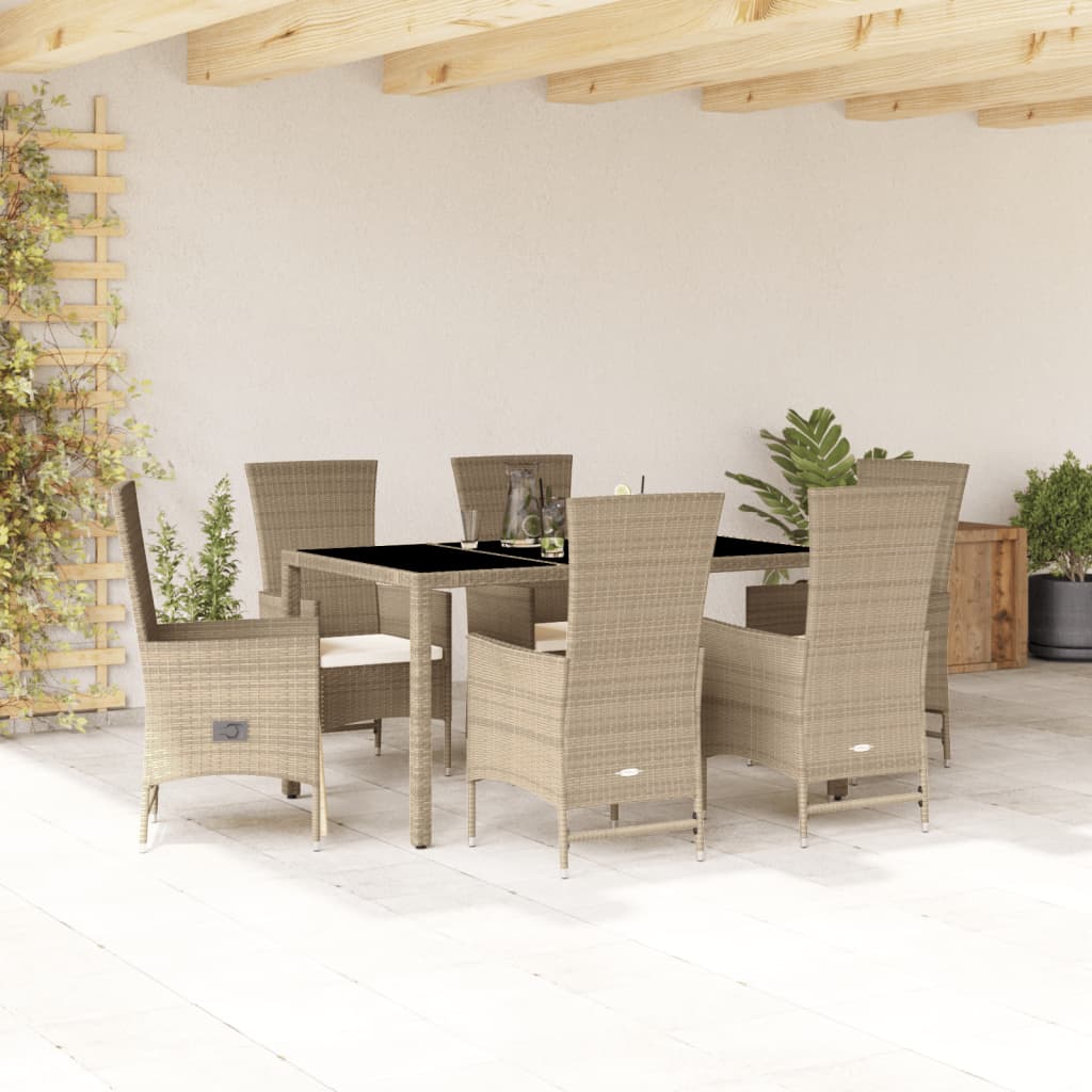 7-tlg. Garten-Essgruppe mit Kissen Beige Poly Rattan