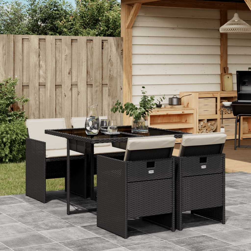 5-tlg. Garten-Essgruppe mit Kissen Schwarz Poly Rattan