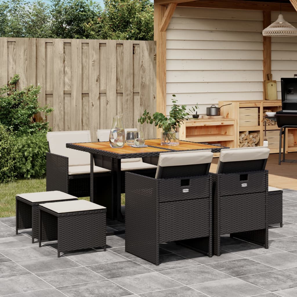 9-tlg. Garten-Essgruppe mit Kissen Schwarz Poly Rattan