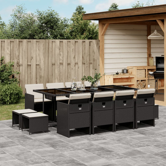 13-tlg. Garten-Essgruppe mit Kissen Schwarz Poly Rattan