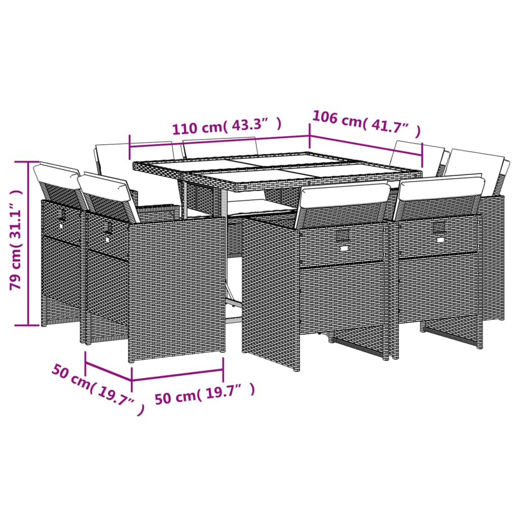 9-tlg. Garten-Essgruppe mit Kissen Schwarz Poly Rattan