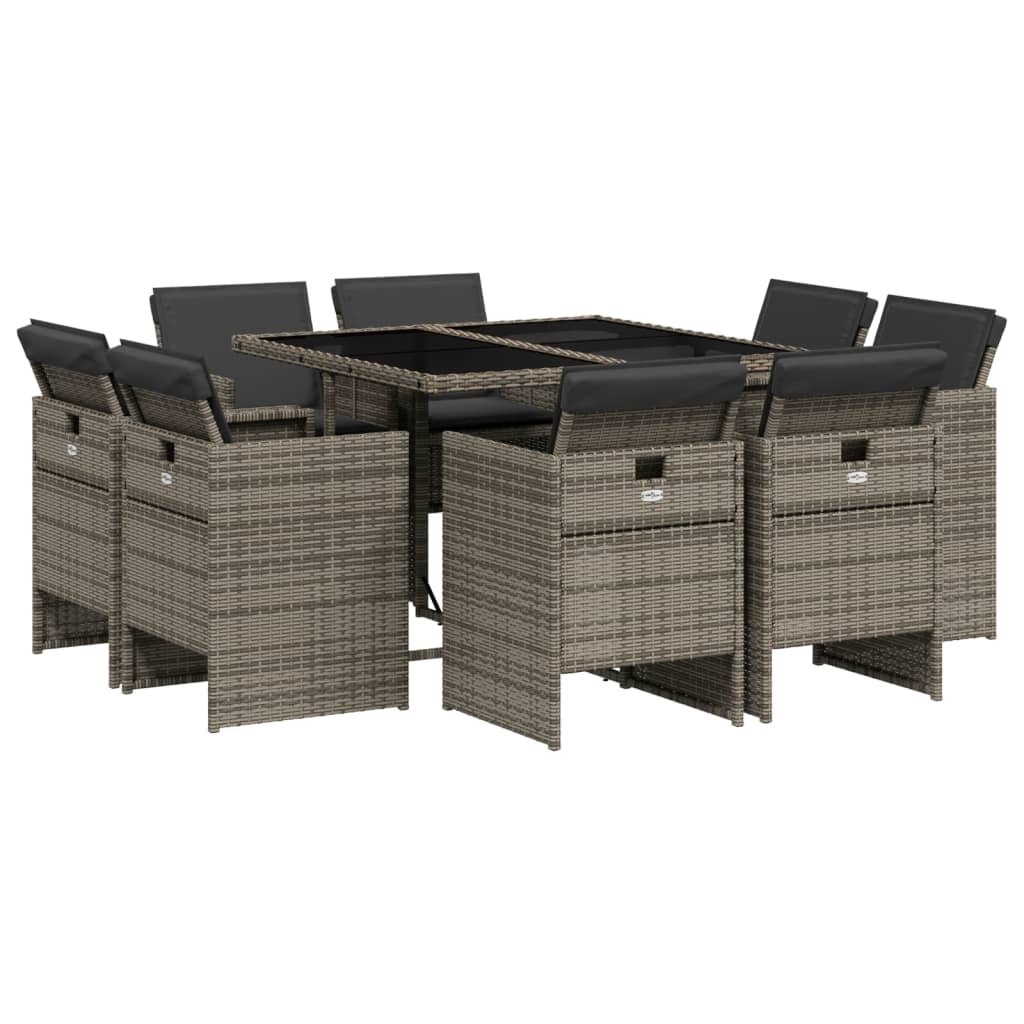 9-tlg. Garten-Essgruppe mit Kissen Grau Poly Rattan