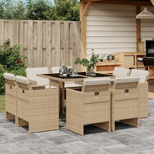 9-tlg. Garten-Essgruppe mit Kissen Beige Poly Rattan