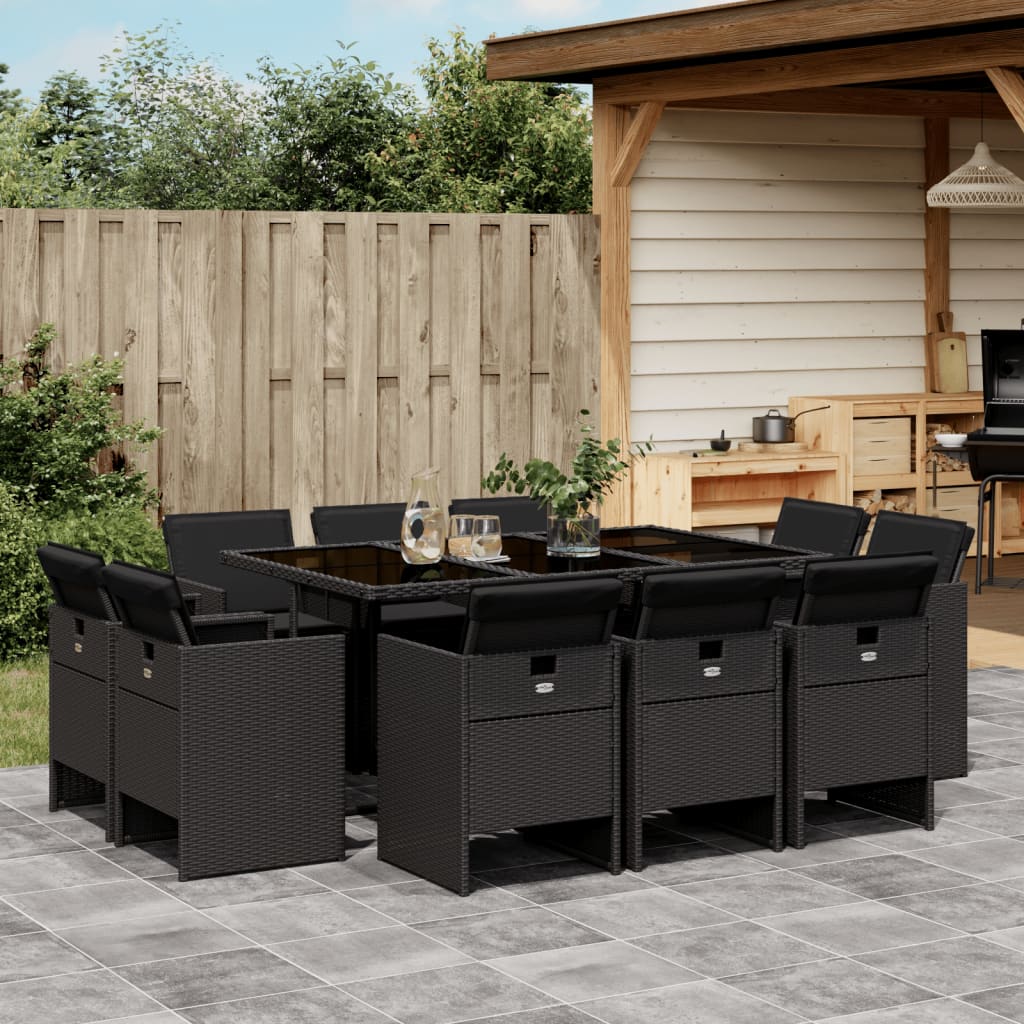 11-tlg. Garten-Essgruppe mit Kissen Schwarz Poly Rattan