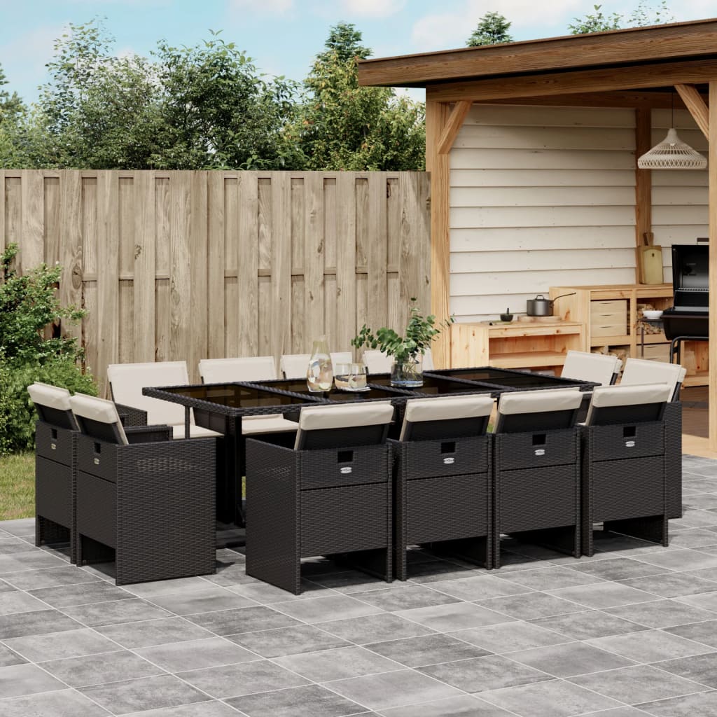 13-tlg. Garten-Essgruppe mit Kissen Schwarz Poly Rattan