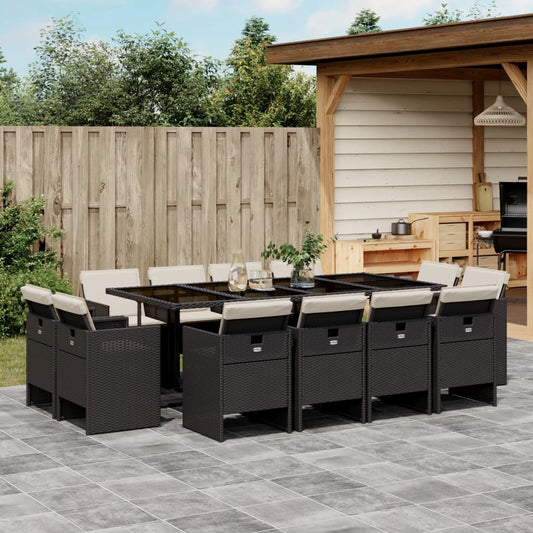 13-tlg. Garten-Essgruppe mit Kissen Schwarz Poly Rattan