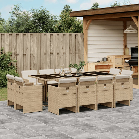 13-tlg. Garten-Essgruppe mit Kissen Beige Poly Rattan