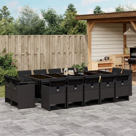 15-tlg. Garten-Essgruppe mit Kissen Schwarz Poly Rattan