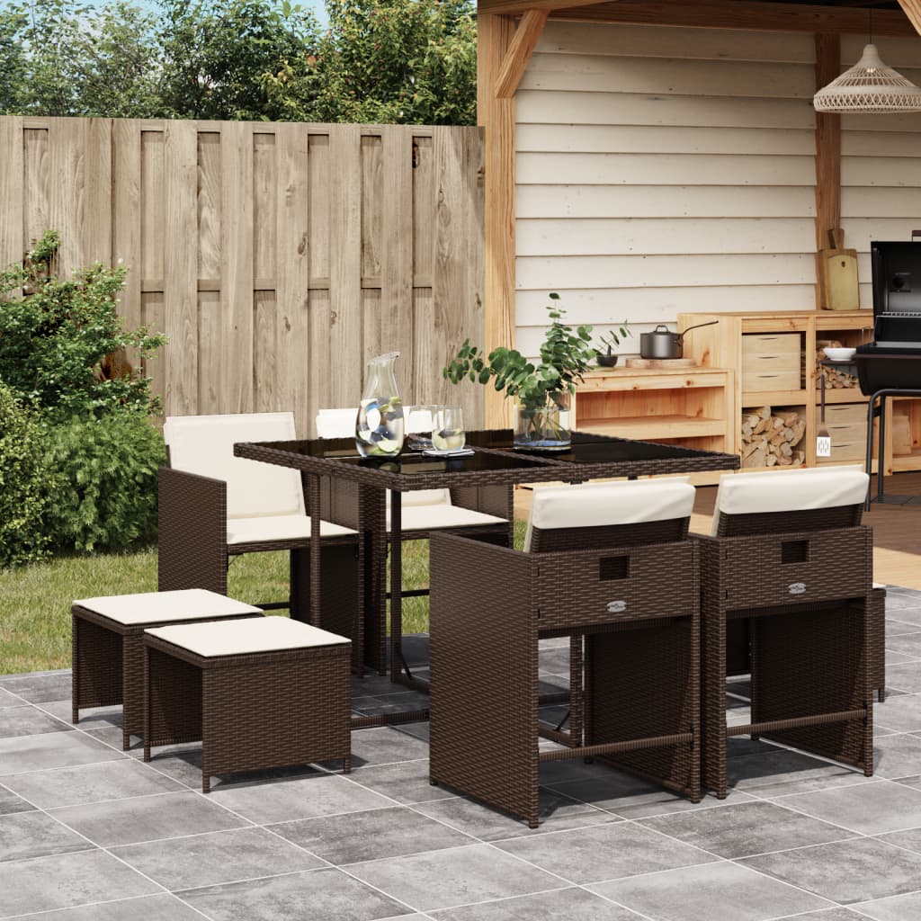 9-tlg. Garten-Essgruppe mit Kissen Braun Poly Rattan