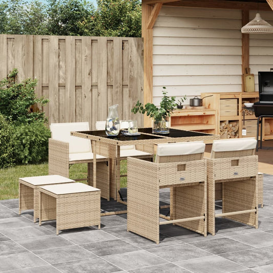 9-tlg. Garten-Essgruppe mit Kissen Beige Poly Rattan