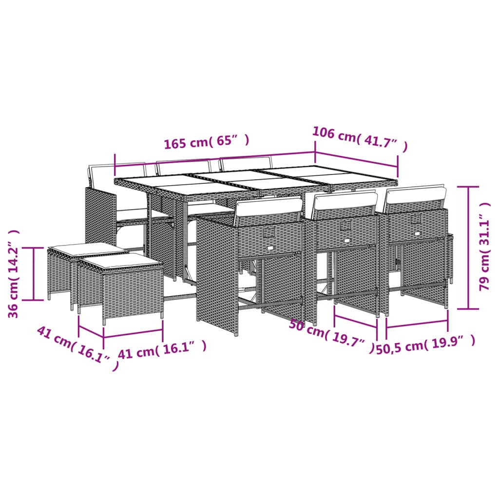 11-tlg. Garten-Essgruppe mit Kissen Braun Poly Rattan