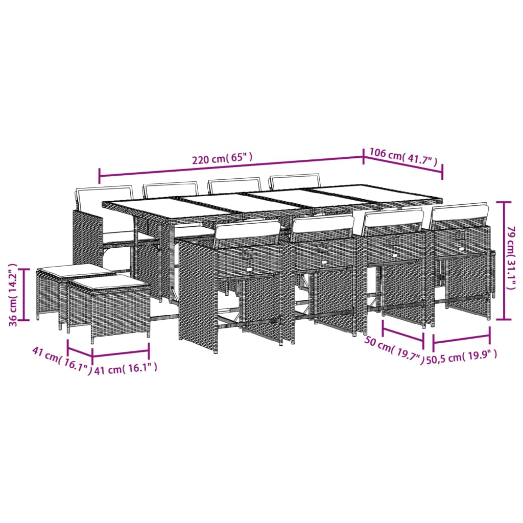 13-tlg. Garten-Essgruppe mit Kissen Grau Poly Rattan