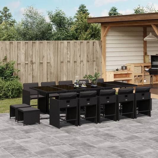 15-tlg. Garten-Essgruppe mit Kissen Schwarz Poly Rattan