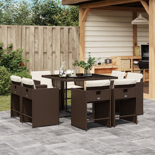 9-tlg. Garten-Essgruppe mit Kissen Braun Poly Rattan