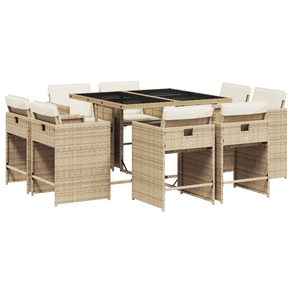 9-tlg. Garten-Essgruppe mit Kissen Beige Poly Rattan