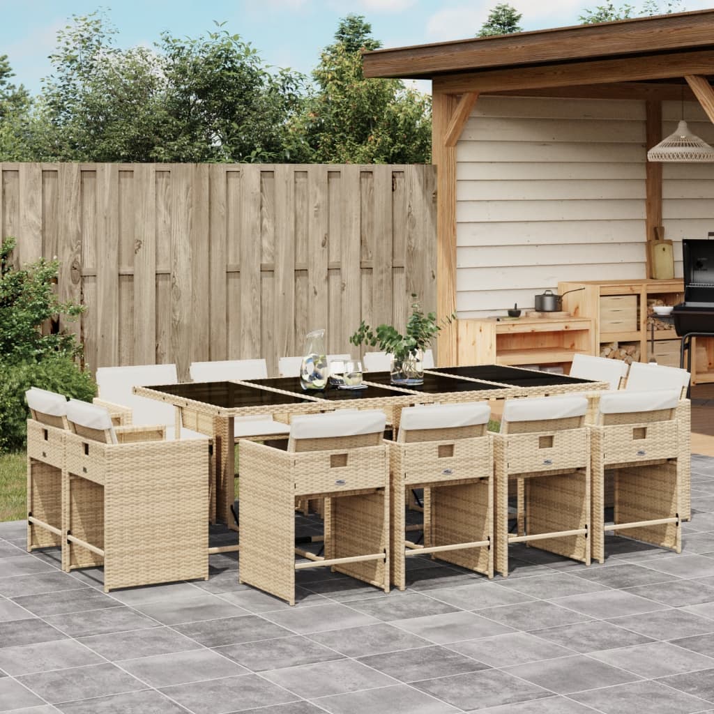 13-tlg. Garten-Essgruppe mit Kissen Beige Poly Rattan