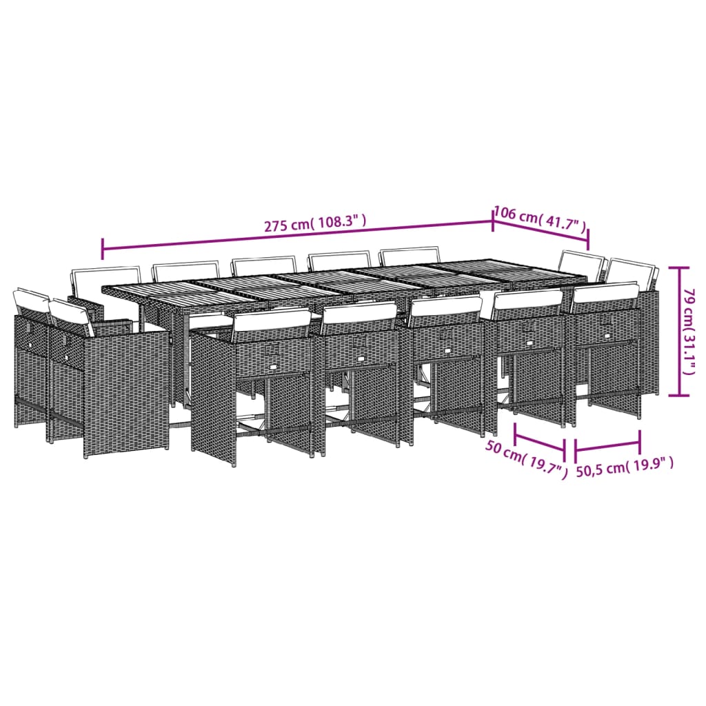 15-tlg. Garten-Essgruppe mit Kissen Grau Poly Rattan