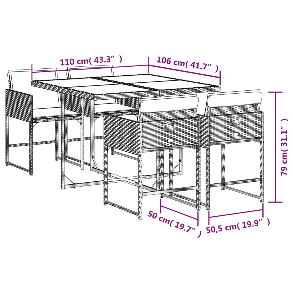 5-tlg. Garten-Essgruppe mit Kissen Schwarz Poly Rattan