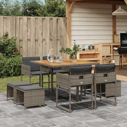 9-tlg. Garten-Essgruppe mit Kissen Grau Poly Rattan