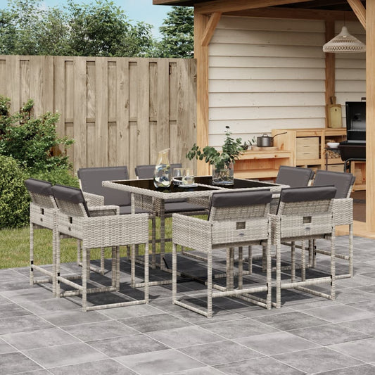 9-tlg. Garten-Essgruppe mit Kissen Hellgrau Poly Rattan