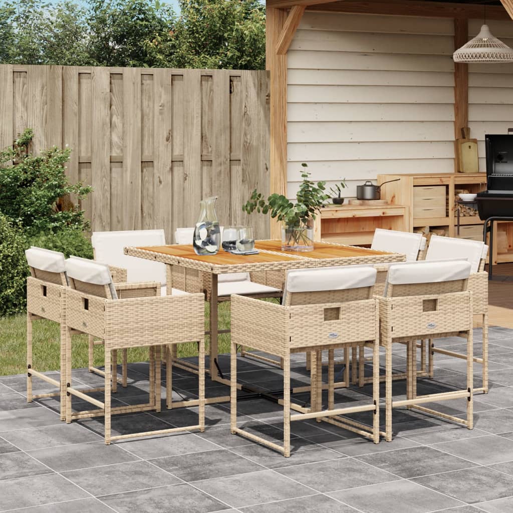 9-tlg. Garten-Essgruppe mit Kissen Beige Poly Rattan