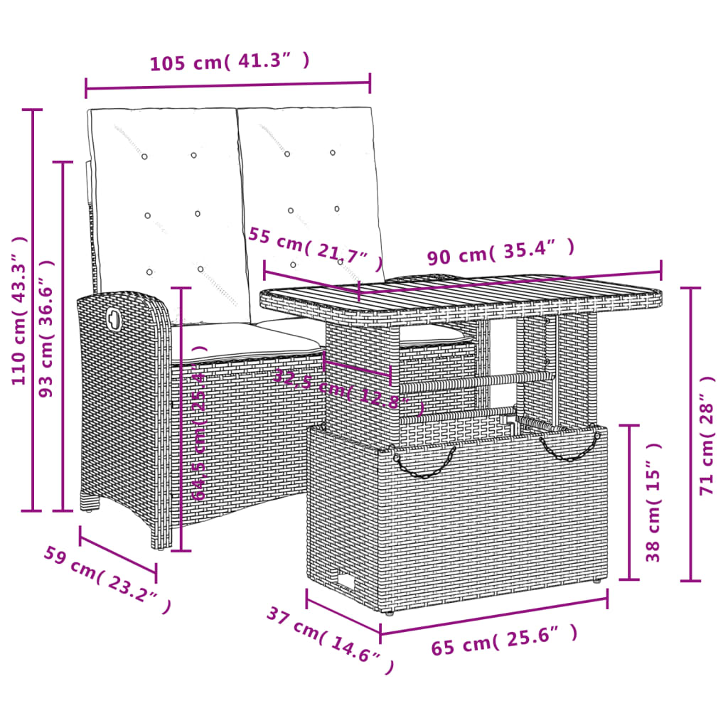 2-tlg. Garten-Essgruppe mit Kissen Schwarz Poly Rattan