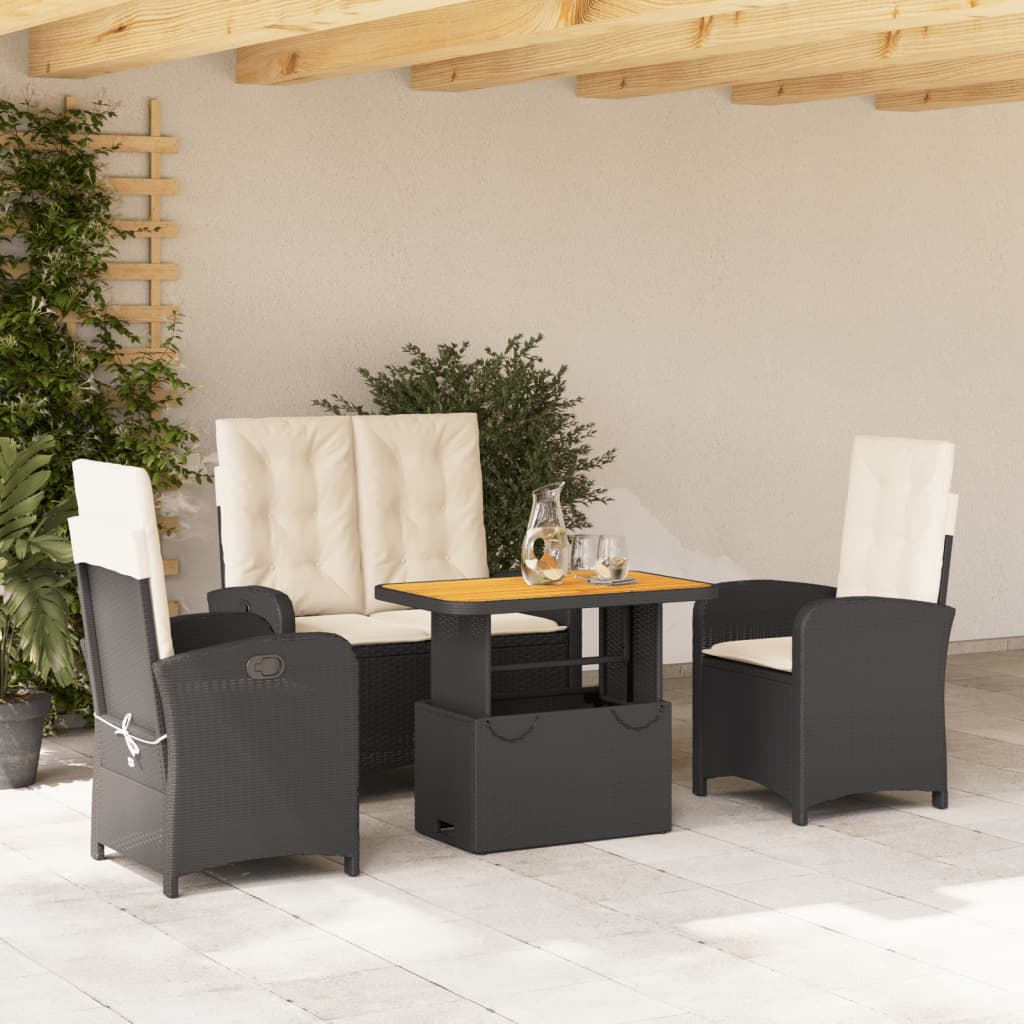 4-tlg. Garten-Essgruppe mit Kissen Schwarz Poly Rattan