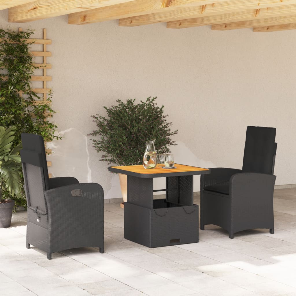 3-tlg. Garten-Essgruppe mit Kissen Schwarz Poly Rattan