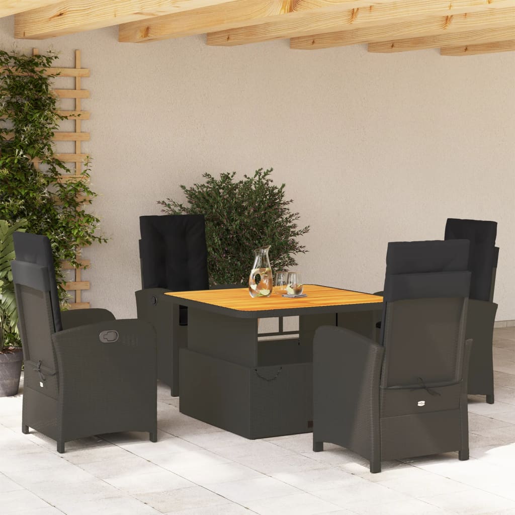 5-tlg. Garten-Essgruppe mit Kissen Schwarz Poly Rattan