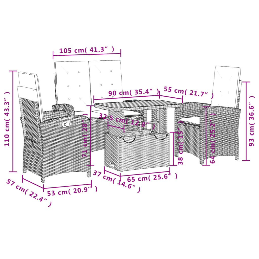 4-tlg. Garten-Essgruppe mit Kissen Schwarz Poly Rattan