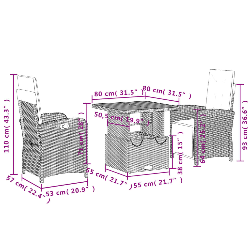 3-tlg. Garten-Essgruppe mit Kissen Beige Poly Rattan