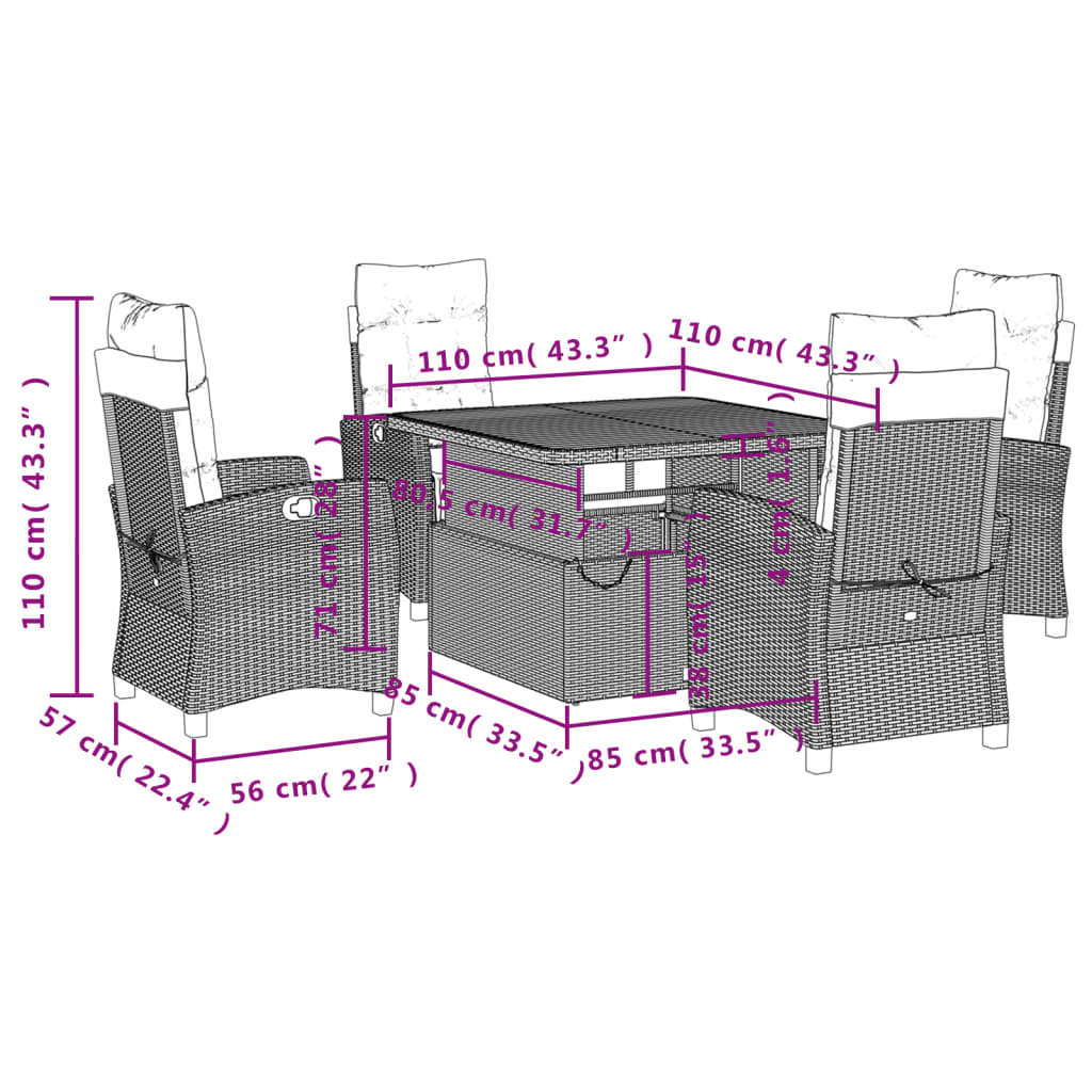 5-tlg. Garten-Essgruppe mit Kissen Schwarz Poly Rattan