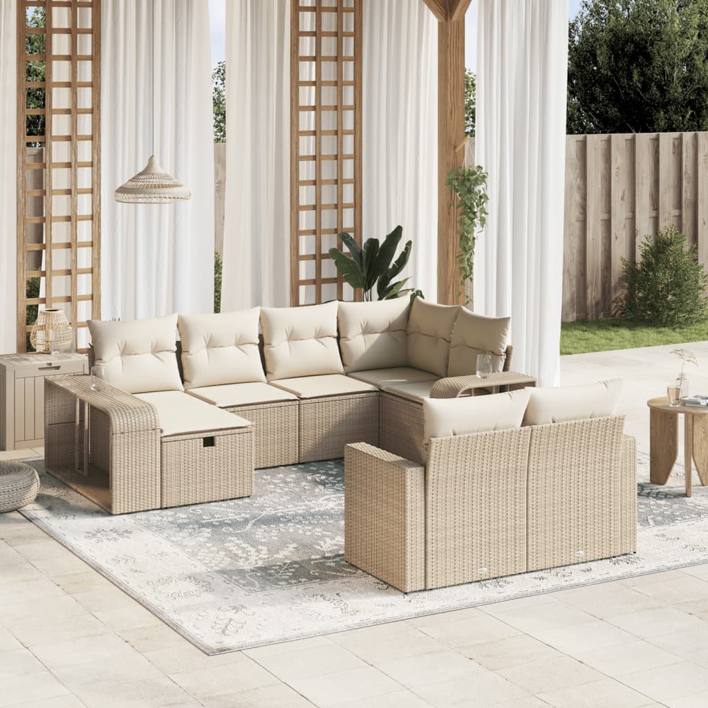 10-tlg. Garten-Sofagarnitur mit Kissen Beige Poly Rattan