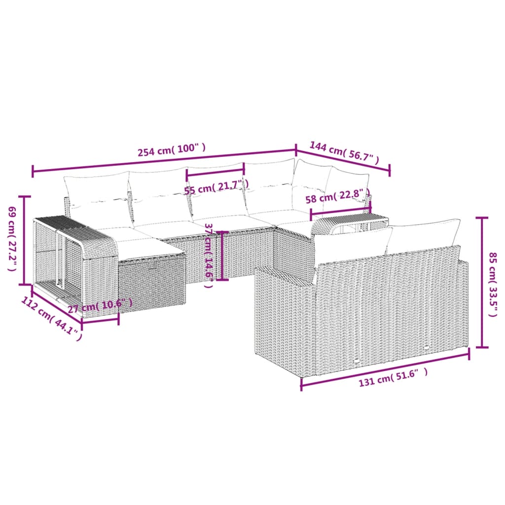 10-tlg. Garten-Sofagarnitur mit Kissen Hellgrau Poly Rattan