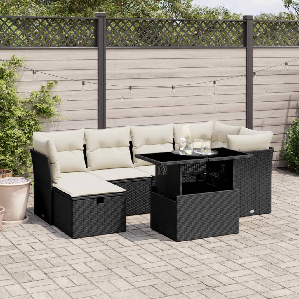 7-tlg. Garten-Sofagarnitur mit Kissen Schwarz Poly Rattan