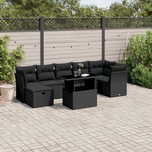 8-tlg. Garten-Sofagarnitur mit Kissen Schwarz Poly Rattan