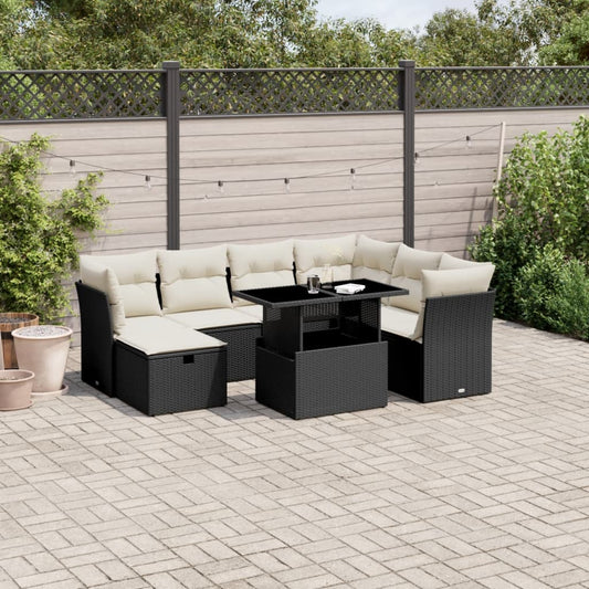 8-tlg. Garten-Sofagarnitur mit Kissen Schwarz Poly Rattan