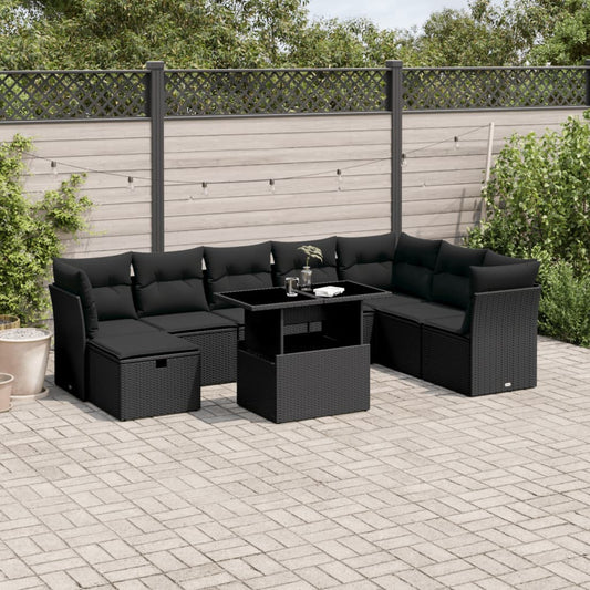 9-tlg. Garten-Sofagarnitur mit Kissen Schwarz Poly Rattan