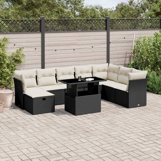 9-tlg. Garten-Sofagarnitur mit Kissen Schwarz Poly Rattan