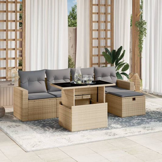 6-tlg. Garten-Sofagarnitur mit Kissen Beige Poly Rattan