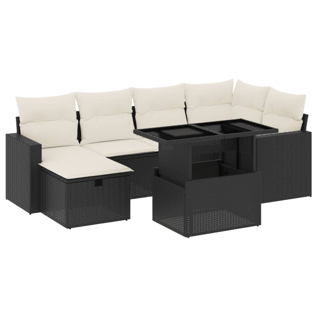 7-tlg. Garten-Sofagarnitur mit Kissen Schwarz Poly Rattan