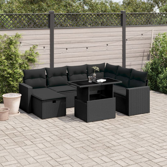 8-tlg. Garten-Sofagarnitur mit Kissen Schwarz Poly Rattan