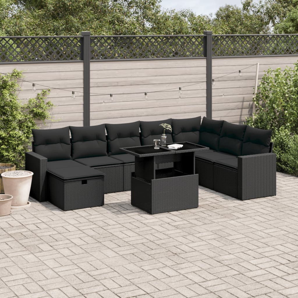 9-tlg. Garten-Sofagarnitur mit Kissen Schwarz Poly Rattan