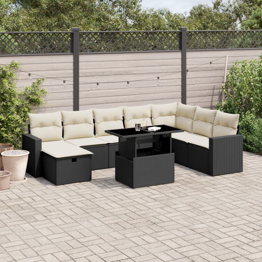 9-tlg. Garten-Sofagarnitur mit Kissen Schwarz Poly Rattan