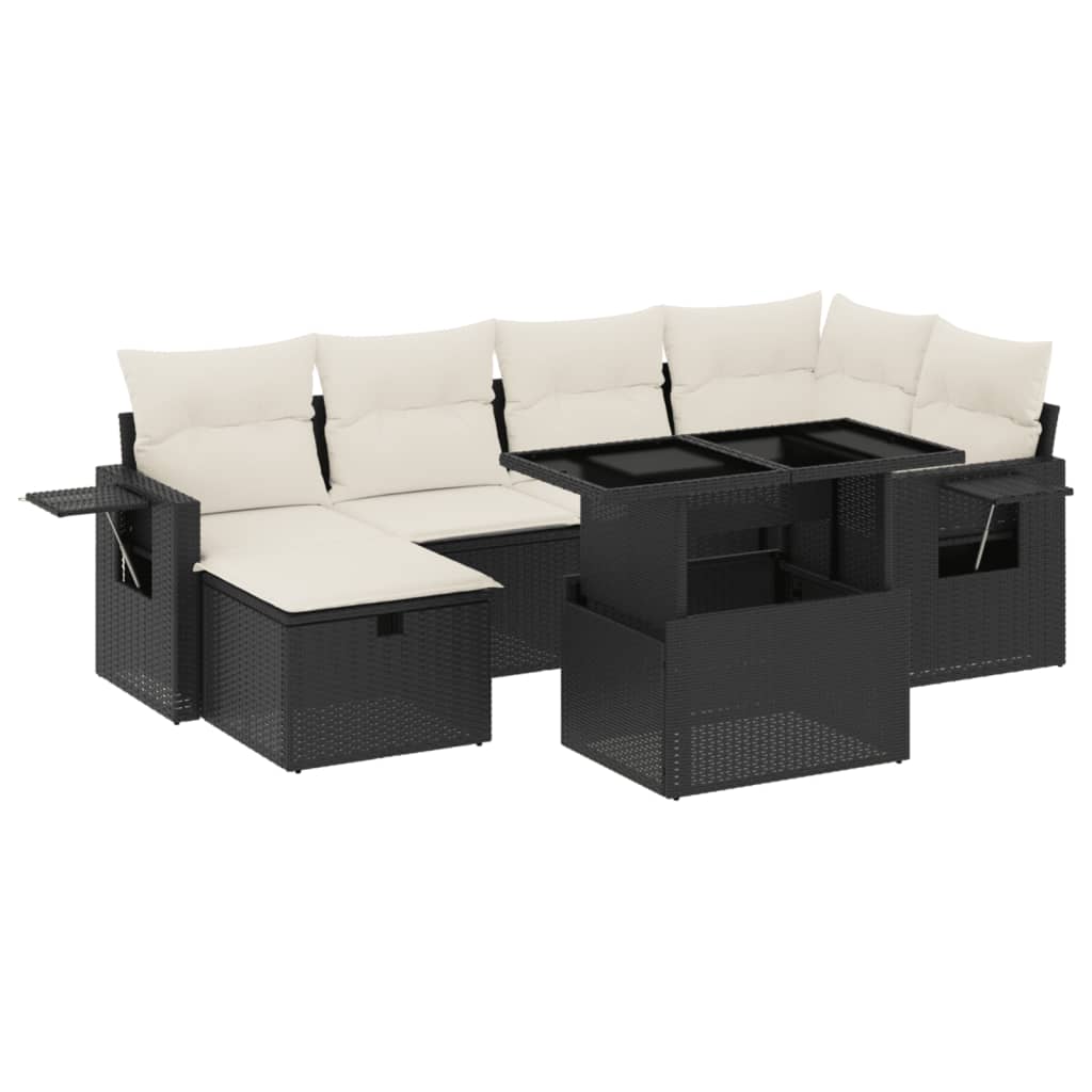 7-tlg. Garten-Sofagarnitur mit Kissen Schwarz Poly Rattan