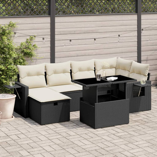 7-tlg. Garten-Sofagarnitur mit Kissen Schwarz Poly Rattan