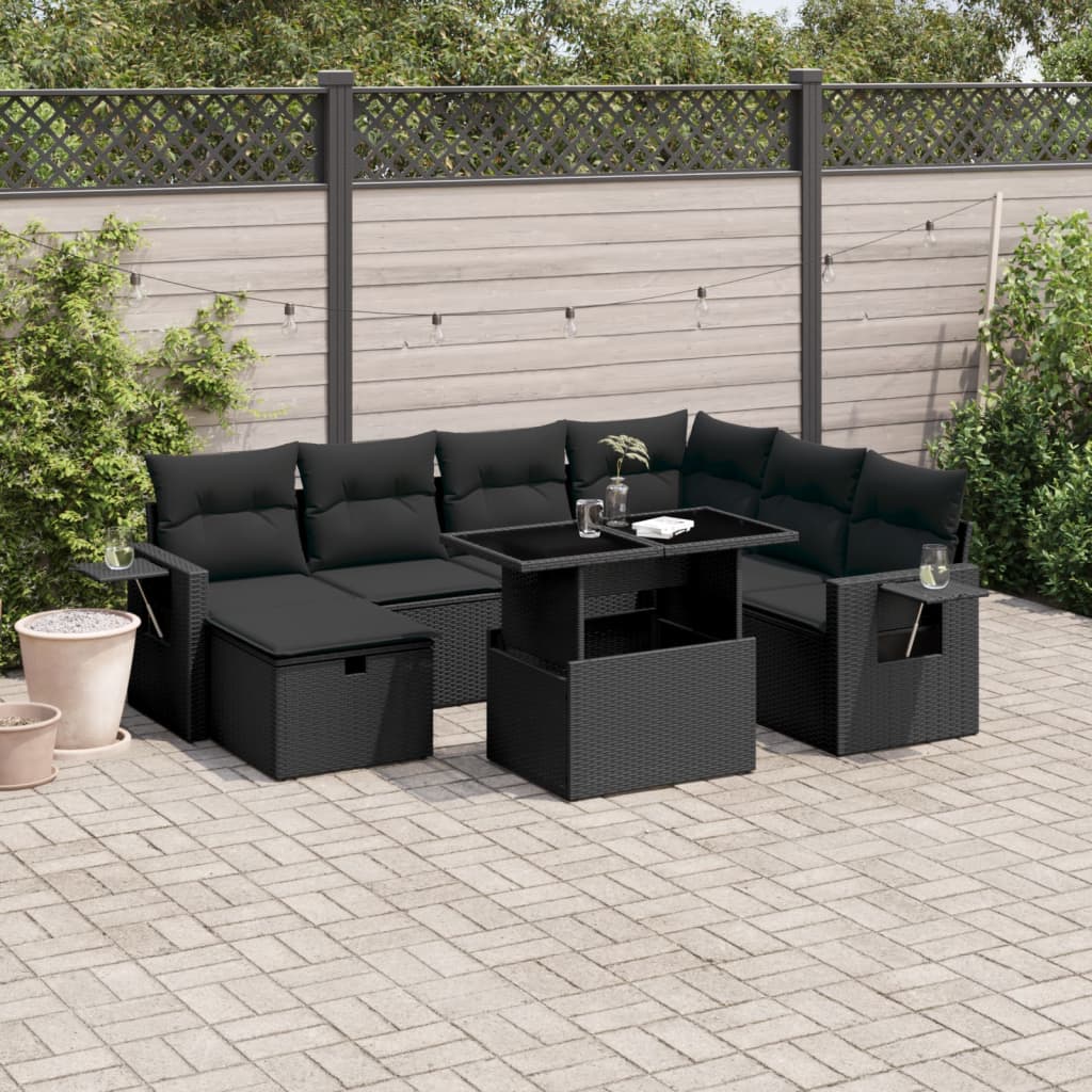 8-tlg. Garten-Sofagarnitur mit Kissen Schwarz Poly Rattan