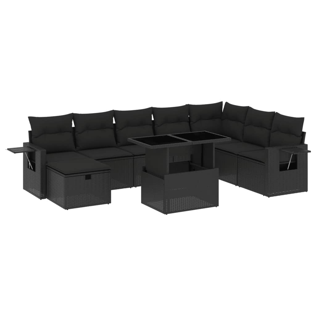 9-tlg. Garten-Sofagarnitur mit Kissen Schwarz Poly Rattan