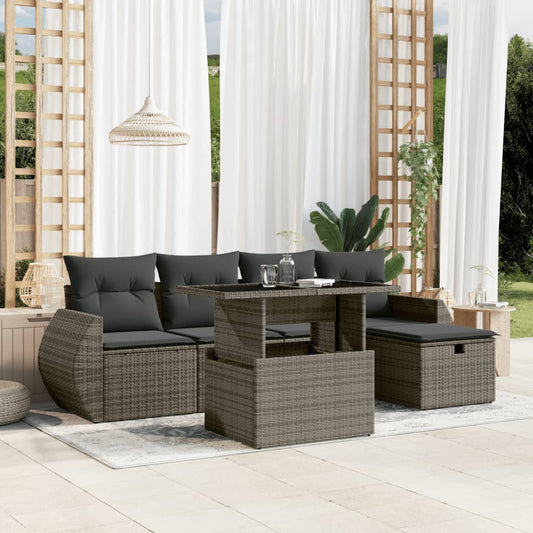 6-tlg. Garten-Sofagarnitur mit Kissen Grau Poly Rattan