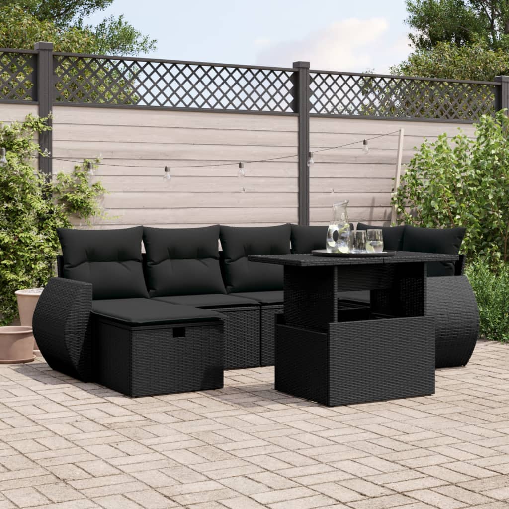 7-tlg. Garten-Sofagarnitur mit Kissen Schwarz Poly Rattan